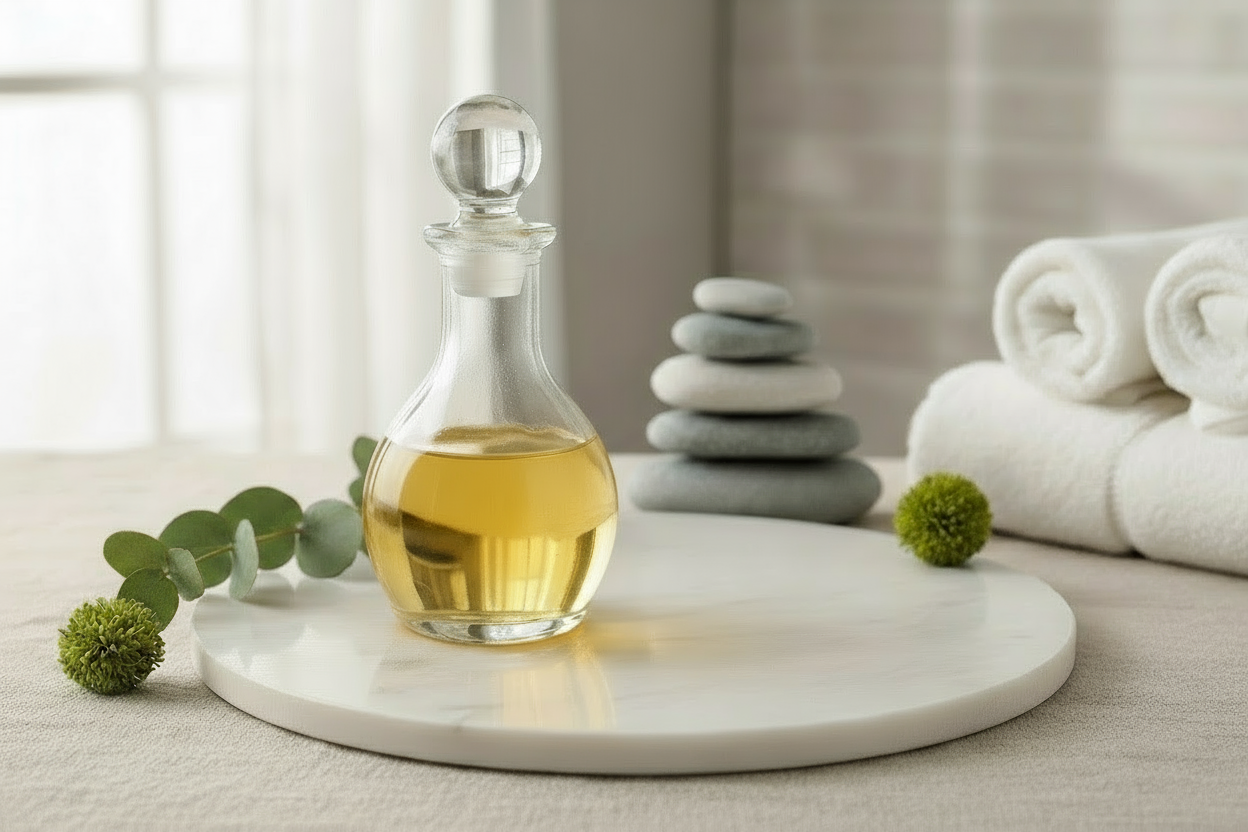 Sophisticated modern bottle with light yellow oil and spa background