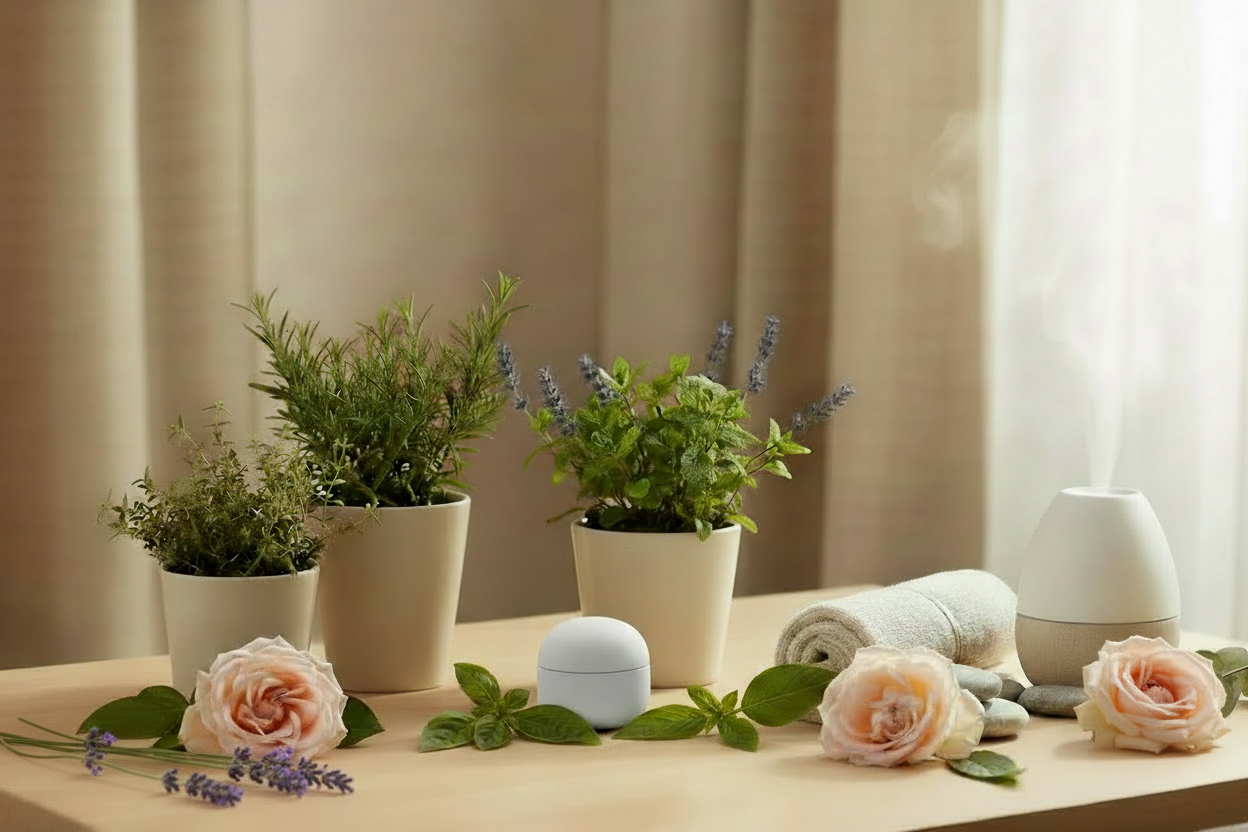 Spa scene with lavender next to left rose